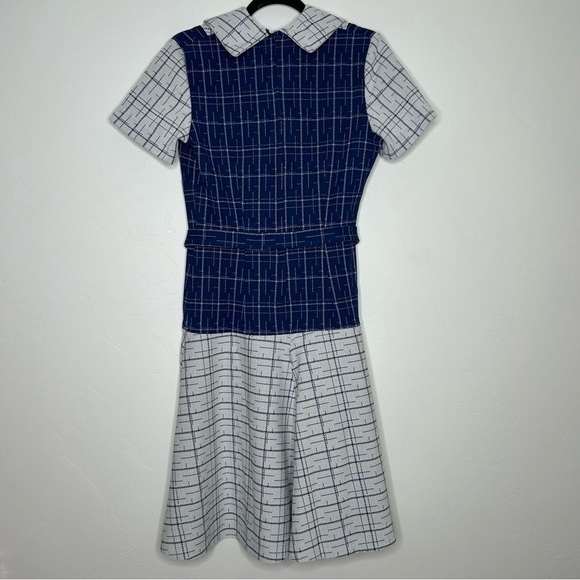 Vintage 1960s Navy and Off White Plaid Midi Dress Drop Waist Tie Belt Size 8 - Picture 2 of 12
